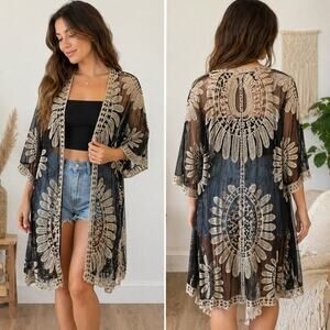 Indigo Thread Co Black Mesh Lace Kimono Cover Up One Size
